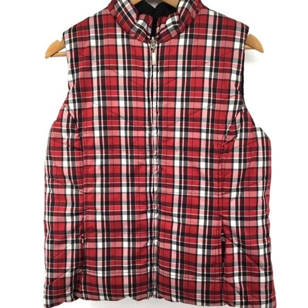 Karen Scott Sport Reversible Puffer Vest Women Small Red Buffalo Plaid Black
